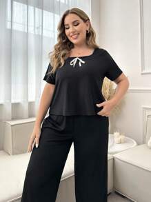 Contrasting Neckline Fitted Pajama Set - Black - View 5