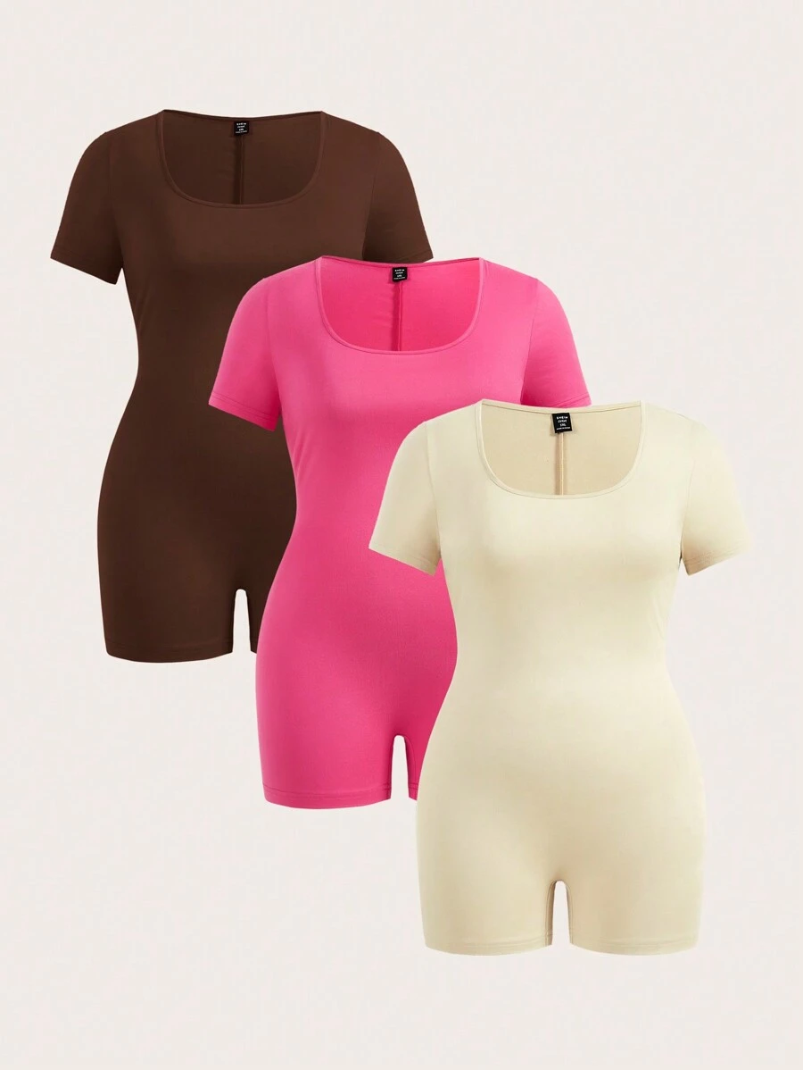 SHEIN EZwear 3pcs Casual Plus Size Square Neck Short Sleeve Jumpsuit Set For Women, Summer - Multicolor - View 1