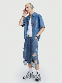 ROMWE MEN Prep Men's New York Printed Drop Shoulder Denim Shirt - Blue - View 4