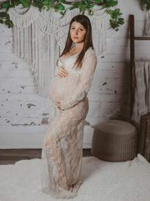 Robe de maternité à col en V en dentelle pour la photographie, la baby shower, les occasions spéciales, les robes de plage avec manches longues, pour la séance photo