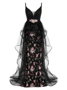 SHEIN Belle Elegant Black Straps V-Neck Bra Cups Upper Section Lace Waist Section Three-Dimensional Applique High Waist Thin Hem Mesh Splicing Fishbone Three-Dimensional Slimming Romantic Embroidery Flowers And Floor Dragging Pendulum Dating Bachelorette Party Graduation Wedding Event Heavy Industry Dinner Party