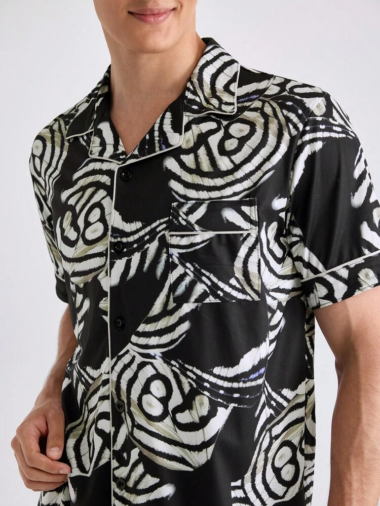 Men's All Over Print Short Sleeve And Shorts Homewear Set, Summer