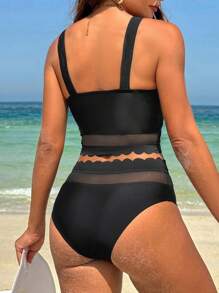 Swim Lushoire Women's Black Mesh Tankini Set With Lace Trimmed Camisole And Briefs Summer