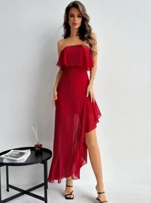 SHEIN Privé Summer Plus Size Elegant Women Flamenco Dress With Strapless Ruffle High Slit, Perfect For Dating, Party, Wedding, Asymmetrical Red Mesh Dress, Wedding Guest Dress - Red - View 10