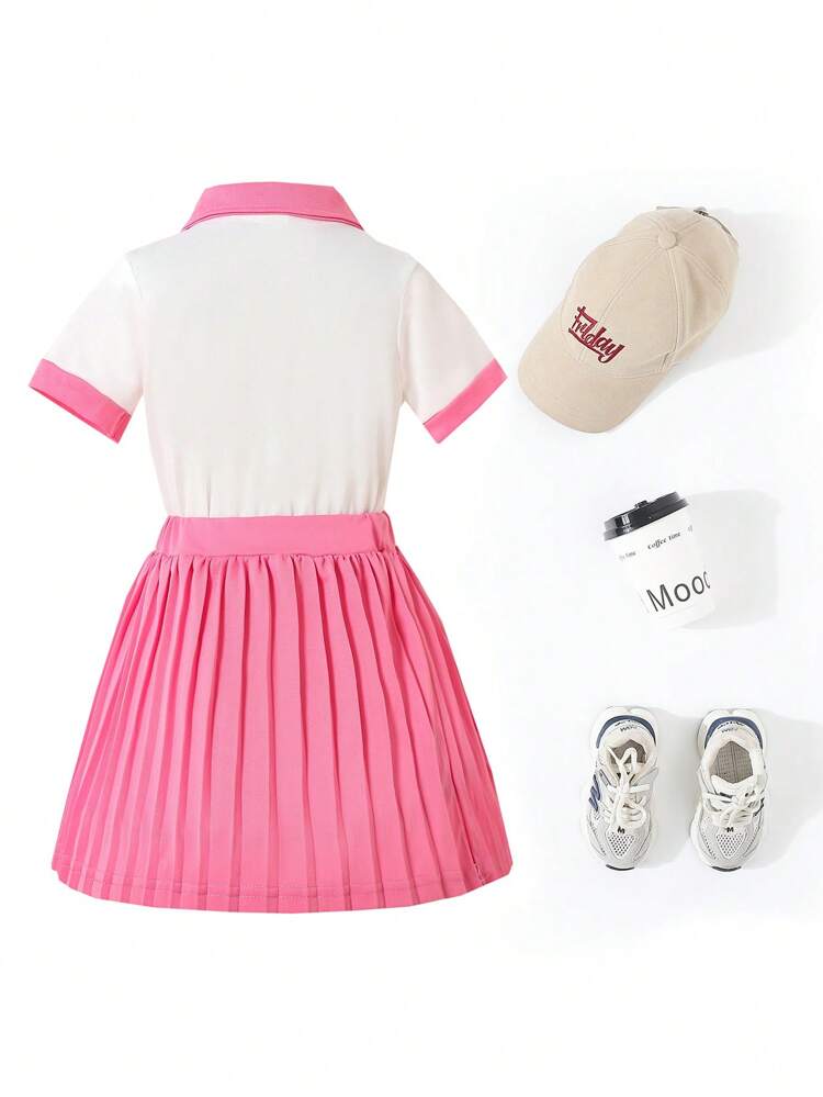 Baby Girl Summer Color Blocking Letter Print Short Sleeve POLO Shirt & Solid Pleated Skirt Outdoor Sports Set