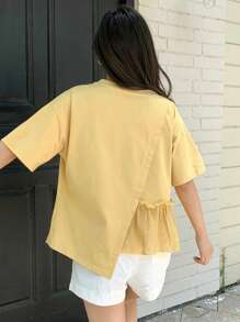 DAZY Women's Summer Solid Color Round Neck Short Sleeve Casual Fit Casual T-Shirt With Ruffled Hem Preppy Tops - Yellow - View 5