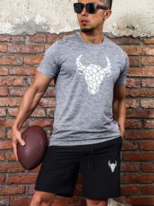 Manfinity Fitness 男友风男士时尚夏季休闲修身印花图案休闲运动套装