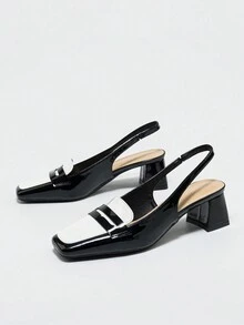 Square Toe Fashionable Backless Chunky Heel Pumps, French Style Low Vamp Black & White Contrast Patent Leather Elegant Women Heels - Black and White - View 2