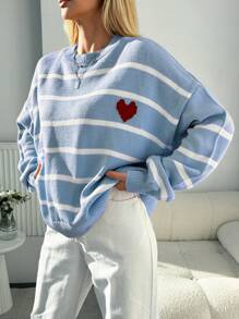 EURMUSE Women's Plus Size Striped Heart Pattern Sweater Pullover - Dusty Blue - View 6