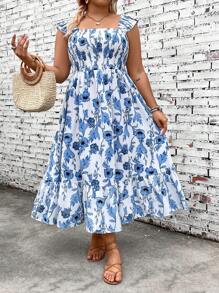 Breezaya Plus Size Summer Floral Print Pleated Shirred Sleeveless Dress With Ruffled Hem - Blue - View 3
