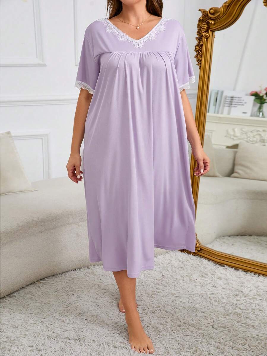 Vestido de pijama de talla grande con cuello en V, suelto, con adorno de encaje, vestido largo - Morado - Ver 1