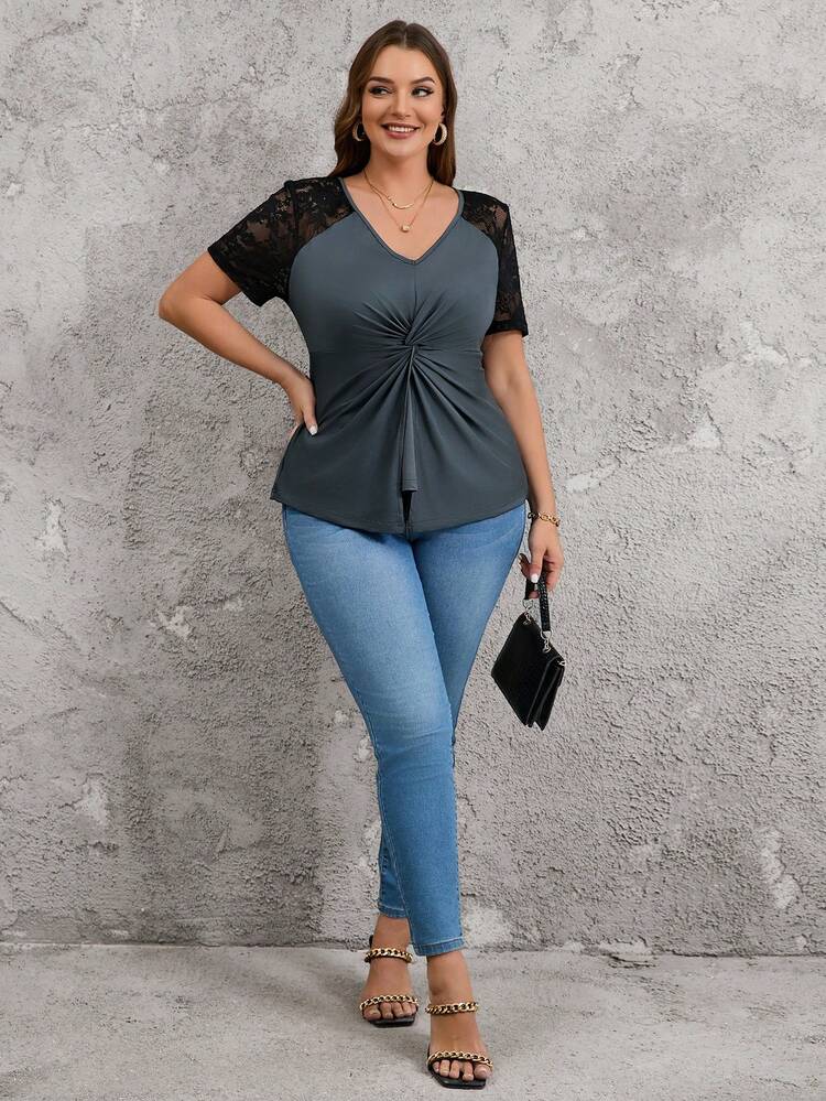 Plus Size Color Block Twist Knot Short Sleeve Knit Top For Summer