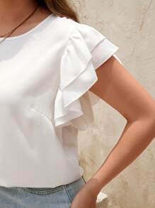 SHEIN Clasi 大码女式双层荷叶边袖夏季衬衫，商务休闲女装 - 白色 - 查看 7