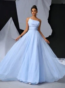 SHEIN Belle One Shoulder Mesh Layered Wedding Dress With Ruched Waist Design - Baby Blue - View 4