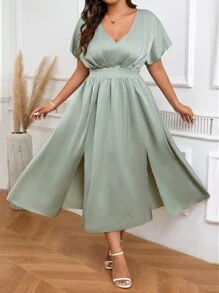 SHEIN Clasi Plus Size V-Neck Batwing Sleeve Dress With Cinched Waist And High Side Slit, Perfect For Parties - Green - View 7