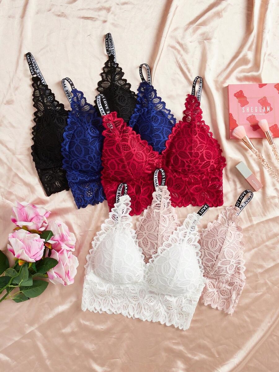 5pcs Lace Ribbon Padded Bralette Camisole Basic Tank Top With Letter Printed Straps - Multicolor - View 1