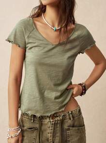 Bohemela Women's Summer Vacation Solid Color Slouchy Short Sleeve V-Neck T-Shirt