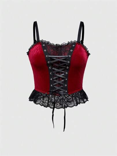 Gothic Sexy Style Spiderweb Sheer Mesh Splicing Velvet Tight Cropped Top