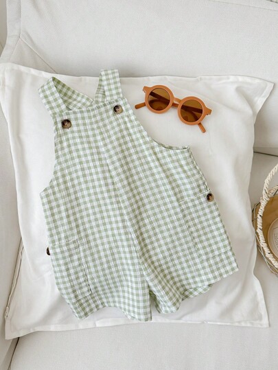 SHEIN LMoss Kids LMoss Baby Boy Summer Plaid Patterned Suspenders Romper, Cute And Versatile, For Christmas