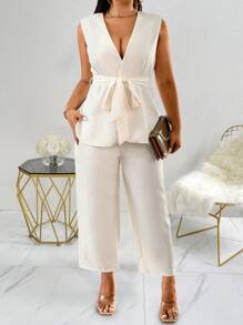 SHEIN Unity Plus Size Deep V-Neck Sleeveless Top With Waist Belt And Solid Color Pants 2pcs/Set - Apricot - View 8