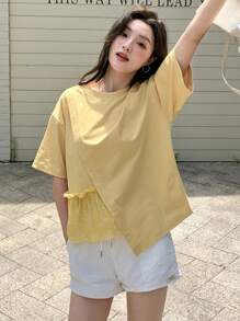 DAZY Women's Summer Solid Color Round Neck Short Sleeve Casual Fit Casual T-Shirt With Ruffled Hem Preppy Tops - Yellow - View 7