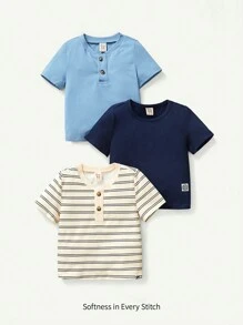 Cozy Pixies Conjunto de atuendo de 3 piezas para bebé niño con patrón de rayas y unicolor, media cremallera con cuello redondo y camiseta de manga corta - Azul - Ver 1