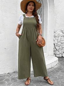 SHEIN LUNE Mono de peto de unicolor cómodo para mujer talla grande para otoño - Verde - Ver 6