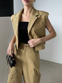 DAZY Solid Color Lapel Collar Cap Sleeve Top And Wide-Leg Pants Suit For Women Work Women Clothes, Back To School Clothes Business Attire