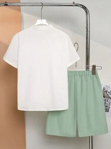 SHEIN 两件套男童休闲舒适Polo衫和纯色短裤套装 - 薄荷綠 - 查看 2