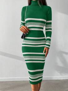 EURMUSE Striped Pattern Turtleneck Bodycon Sweater Dress - Multicolor - View 4