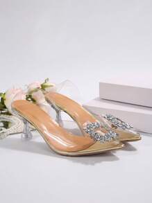 Sandalias transparentes para mujer con tacones finos, nuevo estilo de verano, tacones altos con cristales de piedras preciosas tipo celebridad de Internet con elegancia divina - Dorado - Ver 3