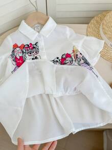 SHEIN Summer Baby Girl Cute Cartoon Printed Ruffle Collar Short Sleeve Dress - White - View 3