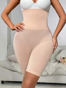 Solid Color High Elastic Seamless High Waist Tummy Control Shapewear Shorts, Panty - Apricot - View 5
