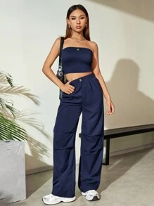 SHEIN Unity Conjunto de enterizo sin tirantes de unicolor para mujer de moda - Azul Marino - Ver 3
