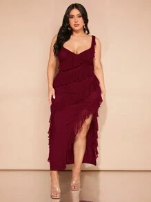 SHEIN BAE Plus Size Women's Ruffle Dress With Straps And High Slit - Burgundy - View 7