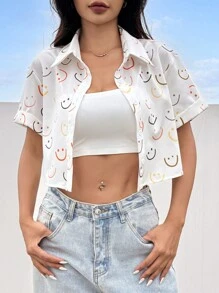 Comfortcana Camisa estampada de hombro caído con diseño integral para atuendo de verano