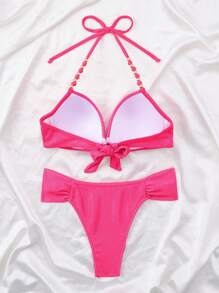 SHEIN Swim Bộ bikini dây yếm màu trơn gợi cảm cho nữ, hoàn hảo cho kỳ nghỉ hè - Màu Hồng Tươi - Xem 2