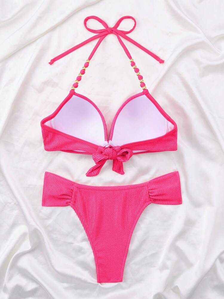 Women's Solid Color Halter Strap Sexy Bikini Set, Perfect For Vacation Summer