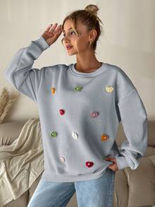 EURMUSE 女士3d心形裝飾圓領運動衫 - 灰色 - 查看 5