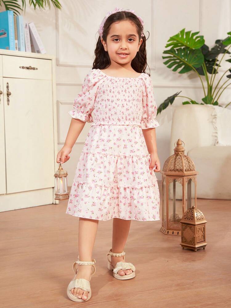 Young Girl Light Pink Square Collar Top And Light Pink A-Line Loose Skirt Family Matching Outfits (4 Pieces Sold Separately)
