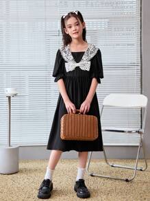 Tween Girl Casual Casual Tinh tế Ren cổ đứng Váy eo Cinched tay phồng - màu đen - Xem 6