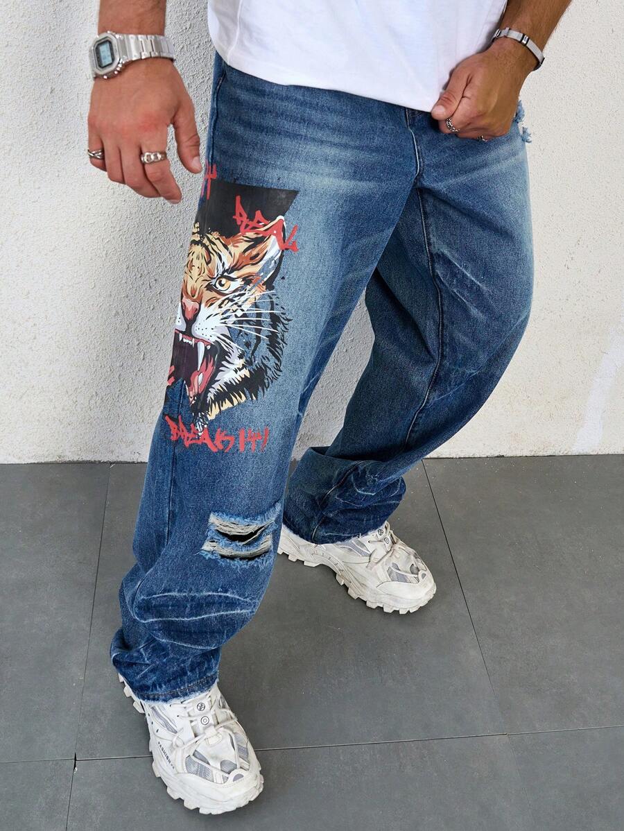 Manfinity LEGND Men's Plus Size Cartoon Printed Distressed Denim Wide Leg Jeans With Pockets - Dark Wash - View 1