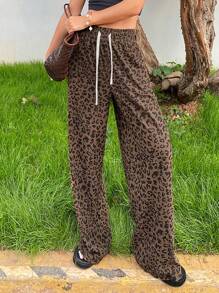 Livesso Women's Leopard Print Simple Daily Long Pants - Brown - View 6
