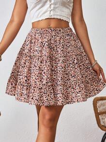 SHEIN VCAY Women's Elastic Waist Ruffle Hem Vacation Skirt With All-Over Print - Multicolor - View 6