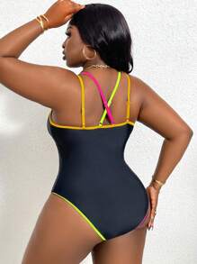 Maillot de bain une pièce grande taille avec blocs de couleurs et bordure avec sangles, idéal pour les vacances et sexy - Noir - Voir 2
