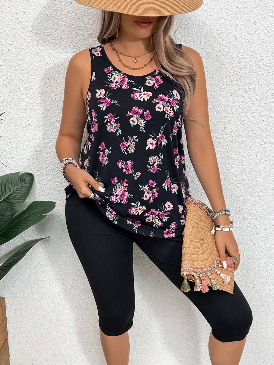 SHEIN VCAY Plus Size Boho Vacation Floral Printed Tank Top & Solid Color Elastic Waist Capri Pants Set, For Summer,Holiday Outfits