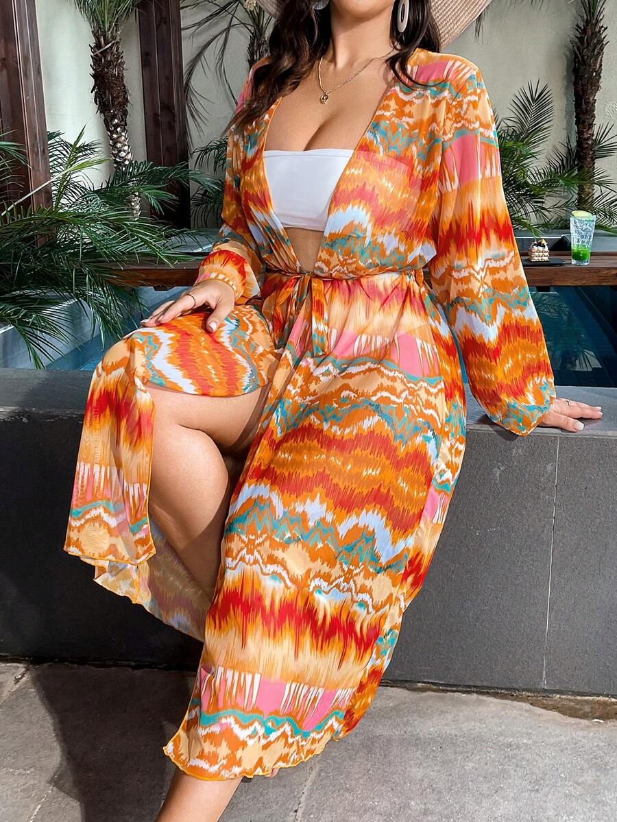 SHEIN Swim Curve Women's Plus Size Kimono (Random Print), For Summer Beach Vacation - Multicolor - View 1