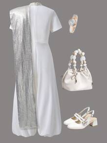 Teenage Girls'  Wide Leg Tapered Jumpsuit With Golden Print, For A Fancy Party - White - View 2