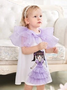 SHEIN Summer Baby Girl Cute Cartoon Patchwork Organza Ruffle Sleeveless Dress - Multicolor - View 6