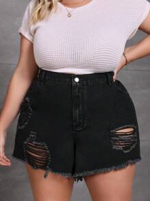 SHEIN CURVE+ Plus Size Summer Casual Loose Fit Distressed Frayed Denim Shorts - Black - View 1